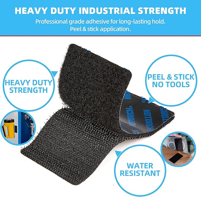 Heavy Duty Hook and Loop Strips with Adhesive| 15 Foot Roll | Strong Sticky Back Fastener Holds 16 lbs | Industrial Strength Tape Stick for Indoor & Outdoor Use,1-1/2in Width, Black