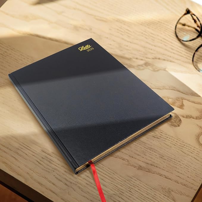 Letts of London Standard Quarto Day to a Page Planner in Leather-Look Hard Cover, 10.25-inch Length, Black, Office and School Supplies