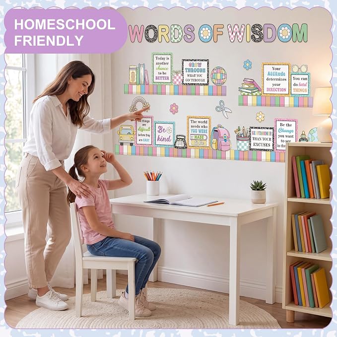 Qilery Words of Wisdom Bulletin Board Set Retro Groovy Classroom Decorations with Bookshelf Border Inspirational Quotes for School Library Reading Nook Pastel Macaron Teacher Supplies Back to School
