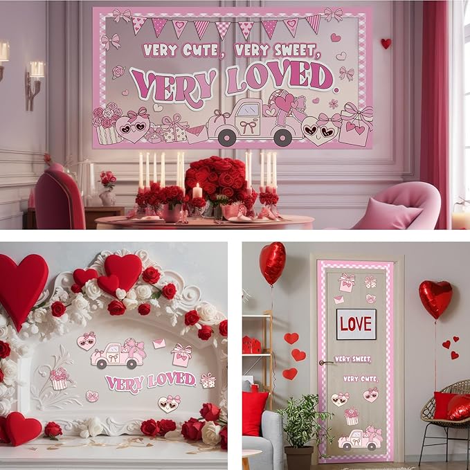 Glenmal Valentine's Day Bulletin Board Set Very Cute Sweet Loved Pastel Heart Girly Classroom Decoration Truck Flower Candy Cutouts for School Classroom Chalkboard Decoration