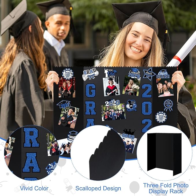 4 Set Graduation Photo Display Board, Class of 2026 Black Blue Trifold Poster Board with Grad Pattern Stickers, Graduation Photo Props Collage for Multiple Pictures Party Decorations, 16x24 Inch