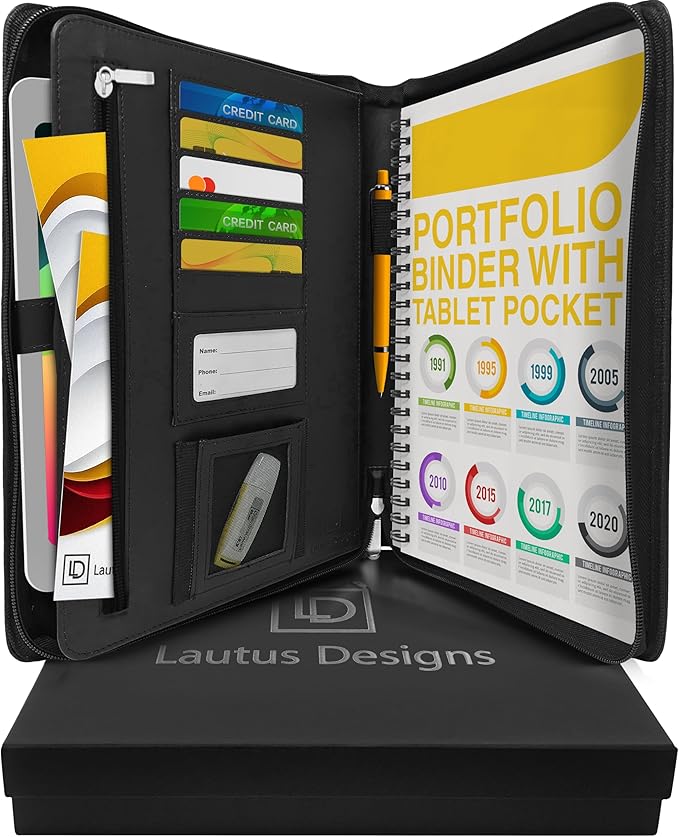 Black Zippered Leather Portfolio - High Capacity 2-Inch Spine - Fits Surface Go & iPad Pro/Air 11 Inch - Professional Resume Padfolio
