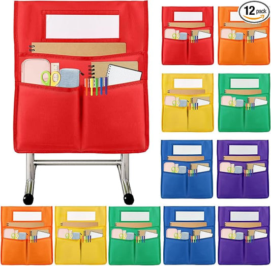 gisgfim 12 Pcs Chair Pockets for Classroom 19 x 17 inch Seat Sacks for Classroom Chairback Pocket Chart 3 Pockets Chairs Seat Back Organizer with Name Tag for School Home Classroom Supplies(Colorful)