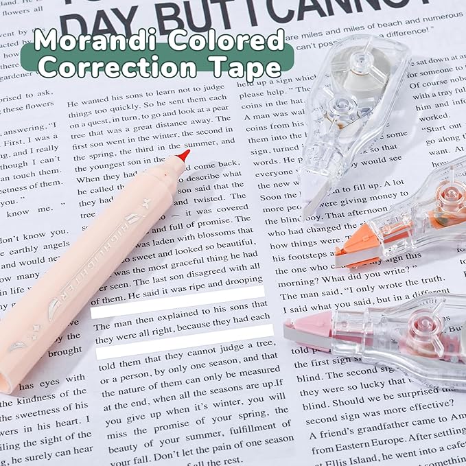 Temiary 3 Pcs 2 In 1 Aesthetic White Correction Tape and Pastel Highlighters Set, Smooth Pull Out Tape with Highlighter Pen for Bible Journaling School, Home, and Office Supplies (Morandi)
