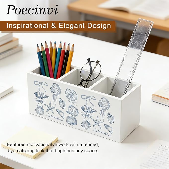 Coquette Bow Blue Coastal Seashell Pen Holder for Home Office Desk, Coastal Granddaughter Room Decor, Blue Preppy Girly Beach Wooden Box Sign Pencil Holder for Desk Shelf Organizer