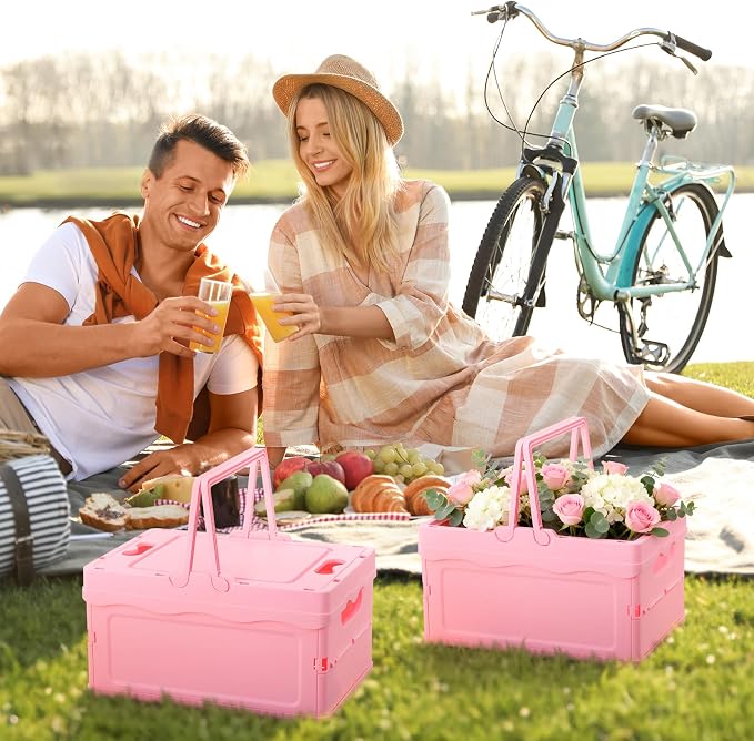 2 Pcs Pastel Plastic Collapsible Storage Crates with Lids and Handle Collapsible Picnic Basket Stackable Storage Bins Cute Foldable Container for Home Kitchen Office Bathroom(Pink)