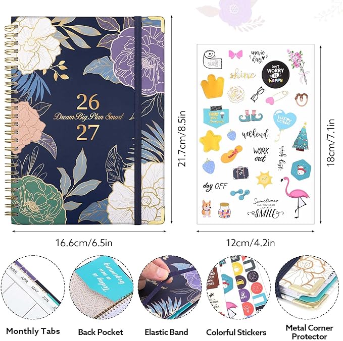2026-2027 Planner, Weekly and Monthly Planner, July 2026-June 2027, Calendar Planner A5 (6.1" x 8.4") with Tabs, Inner Pocket for Home School Office Supplies, Blue Flower
