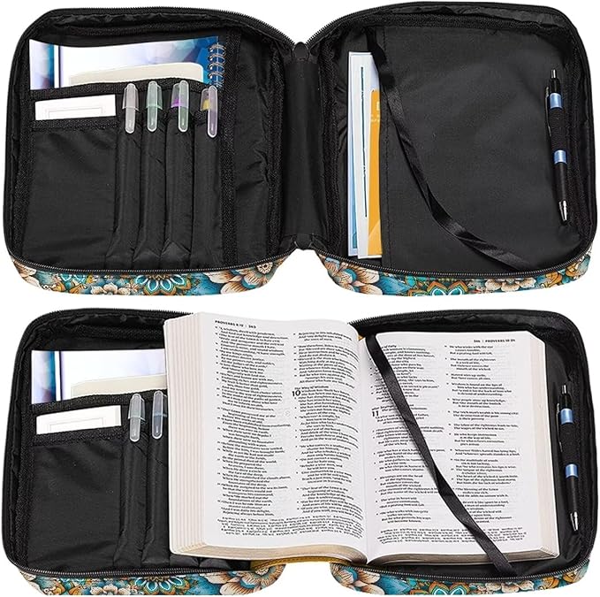Suobstales Boho Butterfly Print Bible Cover Portable Carrying Book Case Multi-Functional Bible Organizer Case with Handle and Zippered Back Pocket