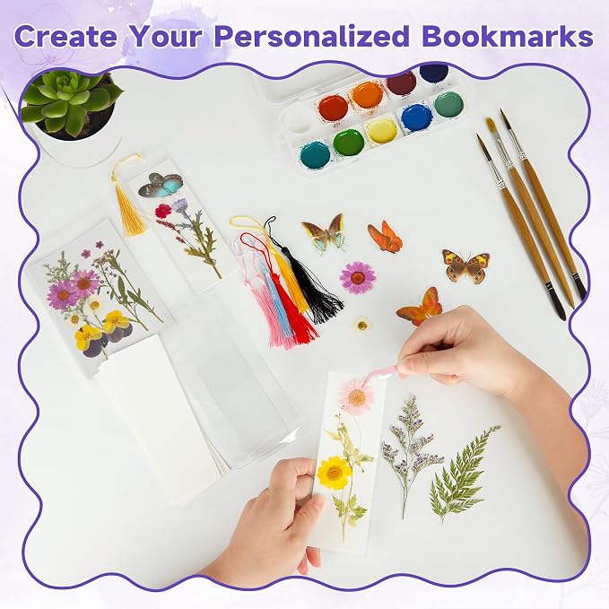 DIY Bookmark Making Kit – 187 PCS Dried Flower Bookmark Kit with Blank Bookmarks, Pressed Flowers, Butterfly Stickers, Tassels, Sleeves – Bookmark Craft for Painting, Handmade Gifts, DIY Bookmarks