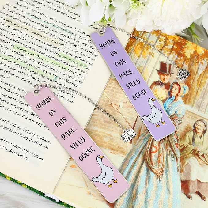 2Pcs Funny Bookmarks for Women Men Metal Book Marker Bulk Tassels Silly Goose Bookmark Cute Bookmarks Pink Purple Personalized Book Accessories Funny Gifts for Book Lovers Coworker Reader Adults