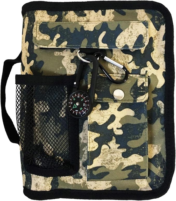 Bible Cover Case for Men Women Green Camo Medium Bible Book Cover with Durable Handle Quilted Bible Carrying Bag Prayer Church Scout Book Case with Compass Carabiner Camouflage