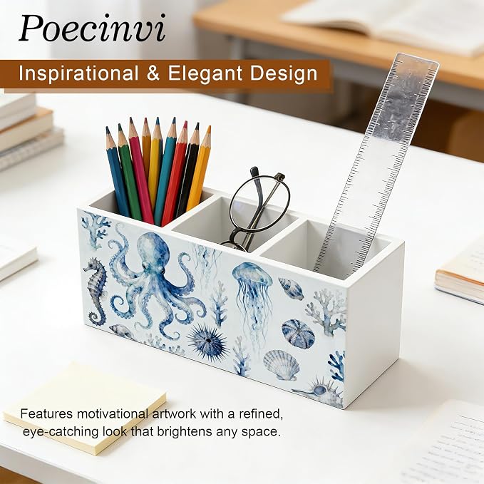 Watercolor Octopus Coastal Beach Pen Holder for Home Office Desk, Beach Office Decor, Blue Nautical Ocean Marine Life Wooden Box Sign Pencil Holder for Desk Shelf Organizer