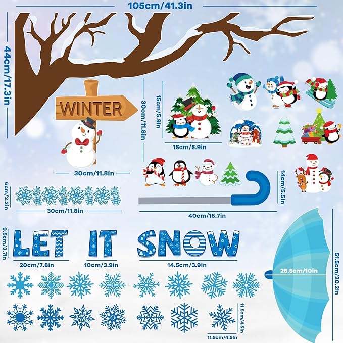 153 Pcs Winter Bulletin Board Decorations Set Let It Snow Classroom Tree Snowflake Cutouts with Borders Glue Points for School Classroom Christmas Bulletin Board Blackboard Chalkboard Decor