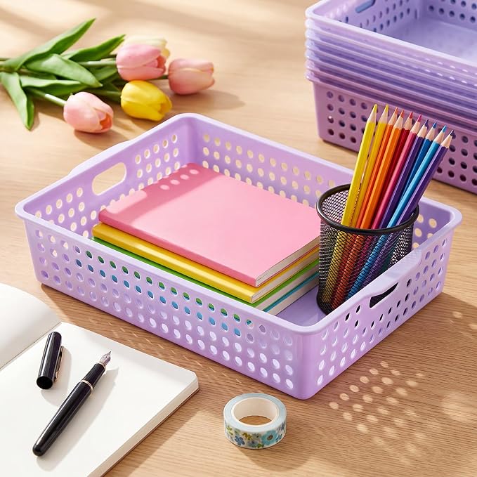 Purple 6 Pack Plastic Classroom Paper Baskets, Turn in Trays, Organizing Desk Tray for A4 Papers, Classroom Storage Turn in Bins, for Teachers and Students, Office Desk Room Trays