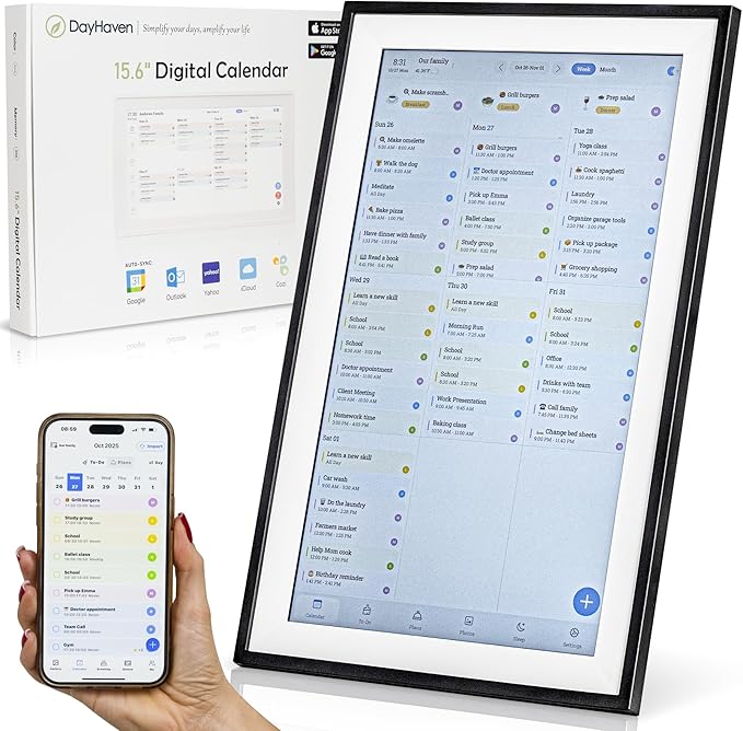 Calendar: 15.6-inch Smart Family Organizer & Digital Wall Planner with Touchscreen, Chore Chart, and Meal Planning – Wall Mount or Countertop Command Center, White 2025 Edition