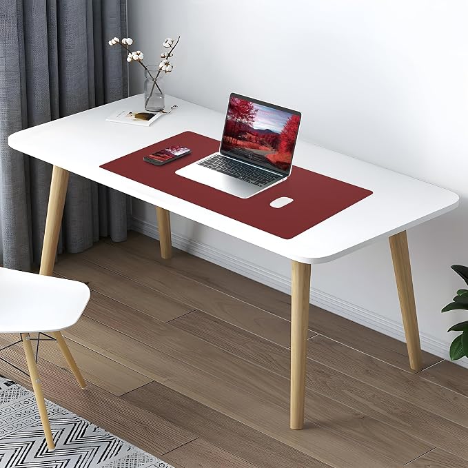 AFIING Leather Desk Pad Protector, 23.6" x 13.7", Red | Large Mouse Pad, Dual-Sided PU Leather & Natural Cork, Non-Slip, Waterproof, For Office and Home