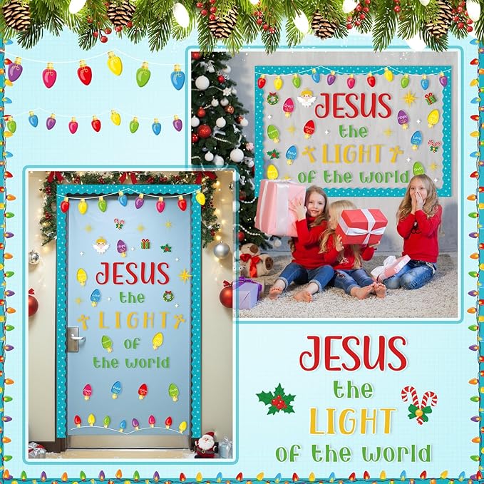 82 Pcs Christmas Religious Bulletin Board Decorations Colorful Light Bulb Jesus the Light of the World Cutouts Xmas Christian Faith Bulletin Board for Sunday School Classroom Decoration