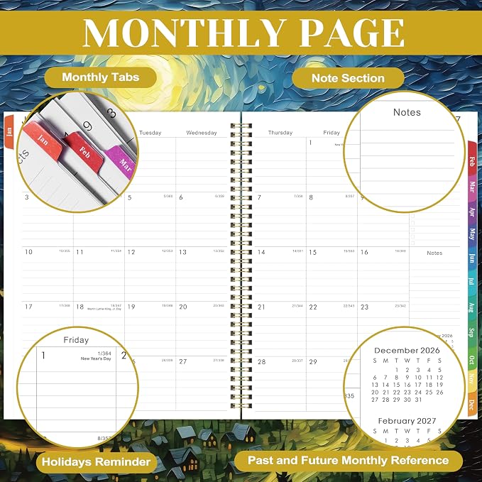 2027 Planner - 2027 Planner Weekly and Monthly, Planner 2027, Jan 2027 - Dec 2027, 8.5" x 11", Monthly Planners with Colourful Tabs & Pocket, Flexible Cover, Twin-Wire Binding- Oil Painting