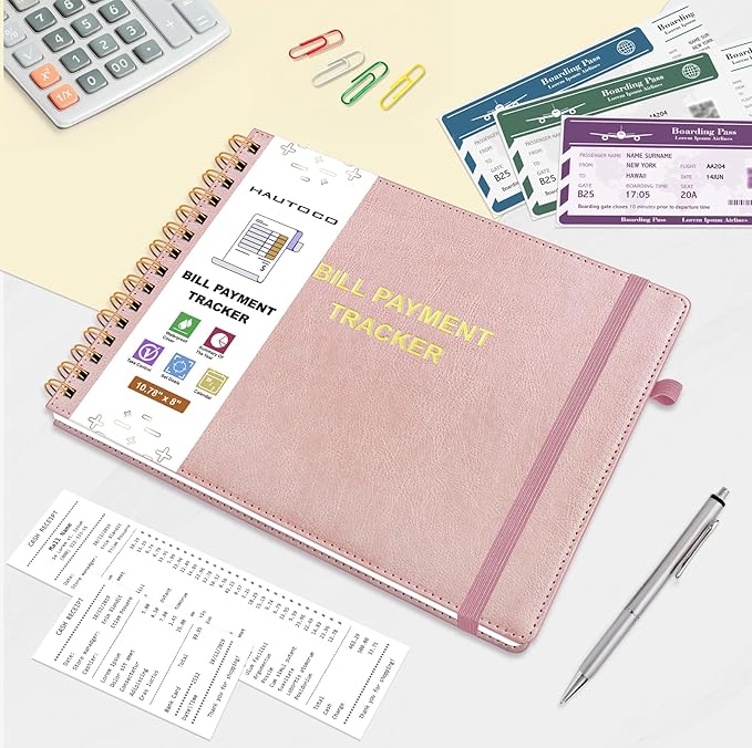 HAUTOCO Hardcover Bill Tracker Notebook Horizontal Monthly Bill Payment Organizer for Personal Budgeting Home Finance with 2 Storage Pocket Expense Checklist Tracking Planner 10.78 x 8'', Rose Gold