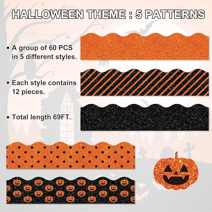 Whaline 69Ft Halloween Bulletin Board Borders Glitter Orange Black Decoration Borders Pumpkin Stripe Dot Trim Border Bulletin Board Stickers for School Classroom Office Halloween Party Decoration