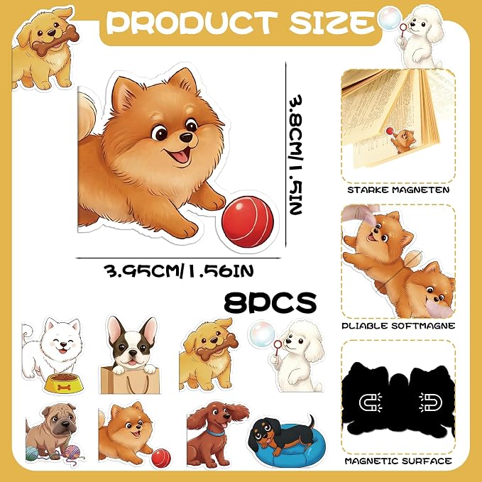 Dog Magnetic Bookmarks Gifts - 8 Pcs Cute Animals Bookmark for Women Kids Pet Dogs Lovers Students Funny Page Clips School Office Reading Accessories Bookworms Gift for Birthday Christmas