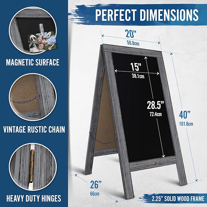 A Frame Chalkboard with Chalk Markers by HBCY Creations: 40x20 Solid Wood A-Frame Sign Gray Double-Sided Magentic Menu Board, Deluxe Set Includes 8 Chalk Markers, 10 Stencils, 2 Magnets