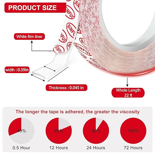 Sinfuo Double Sided Tape Heavy Duty, Removable Nano Double Sided Adhesive Tape(22Ft), Removable Damage Clear Mounting Tape Picture Hanging Adhesive Strips