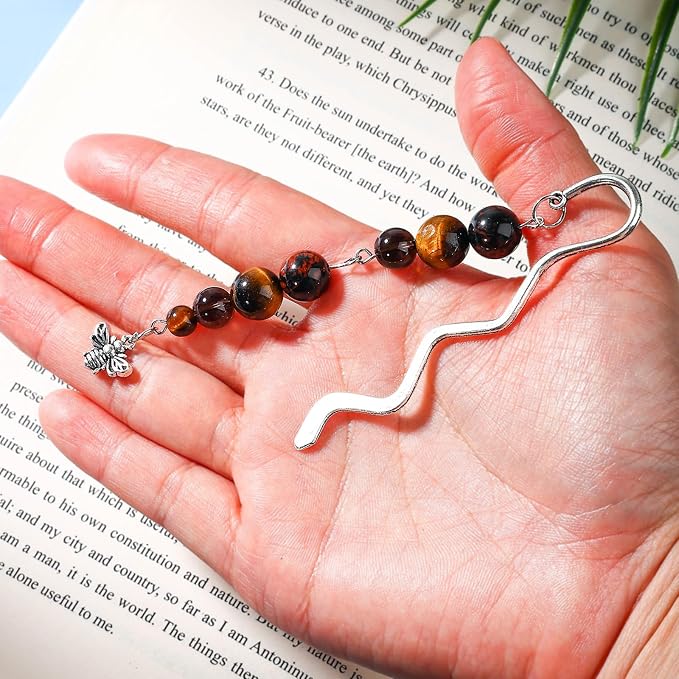 Vintage Metal Bee Bookmark Pendant with Natural Crystal Bead Chain–Elegant Bookmarks for Women,Men,Book Lovers,Teachers and Students(Tiger Eye)
