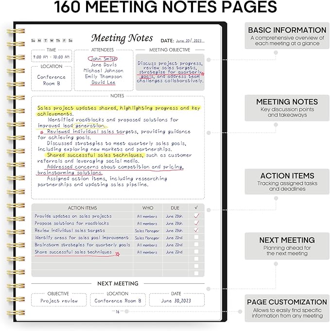 Taja Meeting Notebook for Work Organization - Work Planner Notebook with Action Items, Agenda Planner for Note Taking, 160 Pages (6.9" X 9.9") Project Organizer for Men & Women - Black 1