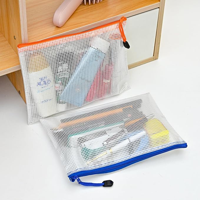 D-KINGCHY 24Pcs Zipper Storage Bags, Plastic Mesh Zippered Pouch for Organization, Waterproof Versatile Bags for Office Supplies School Travel (A5 Size 9.2''x6.7'', Assorted Color Zipper)