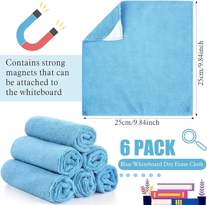 Fanfanwin 6 Pack Magnetic Microfiber Cleaning Cloth, Colorful Whiteboard Dry Erase, Magnetism Whiteboard Eraser for Blackboards Classroom Chalkboards Washable Home Office 10'' x 10''(Blue)