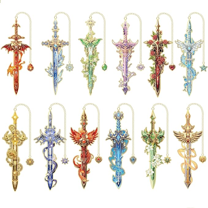 12pcs Fantasy Sword Bookmarks for Books, Journals, Planners - Cool Metal Book Markers for Reading Women & Men, Unique Book Marks Gifts for Book Lovers, Reading Accessories for Students & Adults & Kids