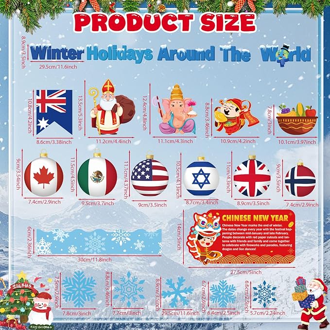 Funrous 71 Pcs Winter Bulletin Board Set Holidays Around the World Board with Christmas Chinese New Year Kwanzaa Diwali Hanukkah Winter Solstice Cutouts for Xmas Party School Classroom Home Wall Decor