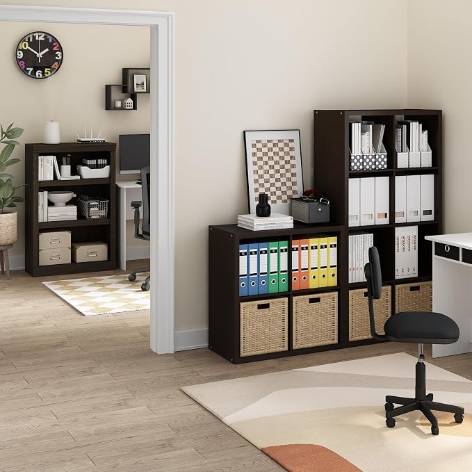 Furinno CUBICLE Book Shelf, 8-Cube Bookshelf, Extra Thick Frame Horizontally & Vertically Reversible Bookcase with Open Back, 14.6" x 30" x 58", for Living Room, Bedroom, Home Office, Black Dark Oak