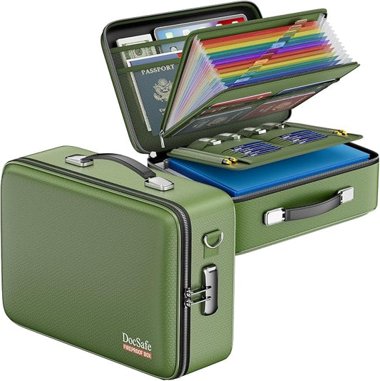 DocSafe Fireproof Document Box with Lock, Hard Case File Organizer with Accordion File Folder, Fireproof Water Resistant Safe Box Home Office Travel Storage for Important Documents Laptop Green