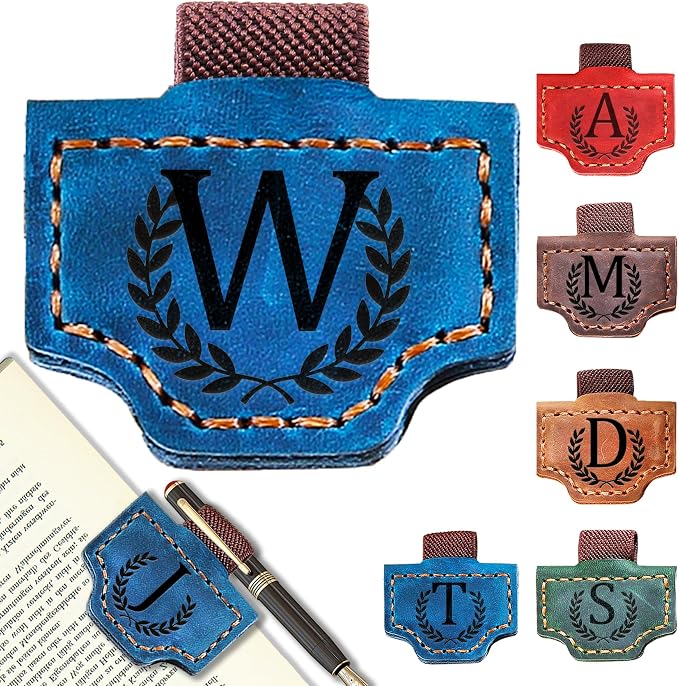 Personalized Leather Magnetic Bookmark with Pen Holder, Bookmark 26 Letters Name Initial Bookmarks for Readers, Book Lover Gifts for Women Men Notebook Accessories (Blue, W)
