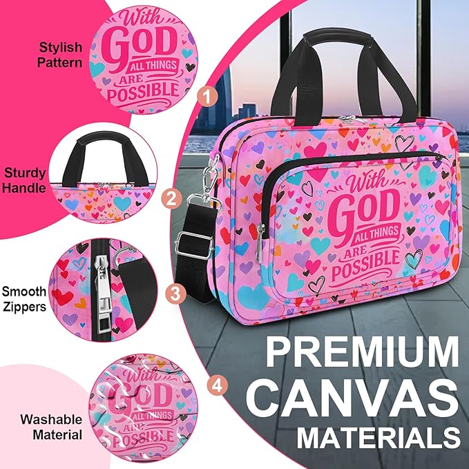 Large Bible Cover for Women,Bible Carrying Case,Bible Bag for Girl Kid,Heart Bible Holder Organizer,With God All Things Are Possible,Bible Study Supplie Kit With Highlighters,Tabs,Pens,Christian Gifts