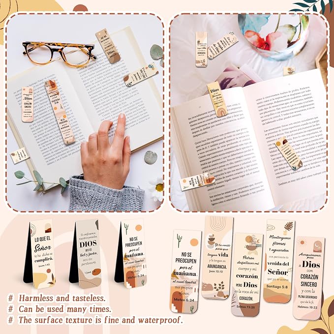 Haooryx Bible Verse Magnetic Bookmarks - 48pcs Boho Spanish Scripture Verse Inspirational Christian Religious Magnetic Clip Bookmarks Motivational Book Marker Church Activity Party Favor Page Markers