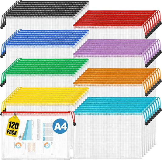 Jumlys 120 Pack Mesh Zipper Pouch Bags, A4 Mesh Bags with Zipper in 8 Color, Waterproof Zipper Pouches for Organization, Plastic Zippers Bag for Classroom & Office, Ideal Back to School Supplies