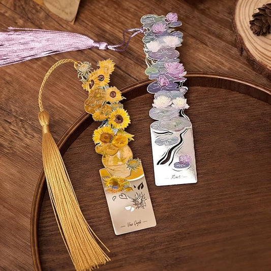 2 Pcs Metal Bookmarks with Tassel, Sliver Hollow Bookmark Van Gogh Oil Painting Theme Bookmark Art Bookmarks for Book Lovers Writers Readers Children Teens Men Women Adults (Sunflower+Water Lilies)
