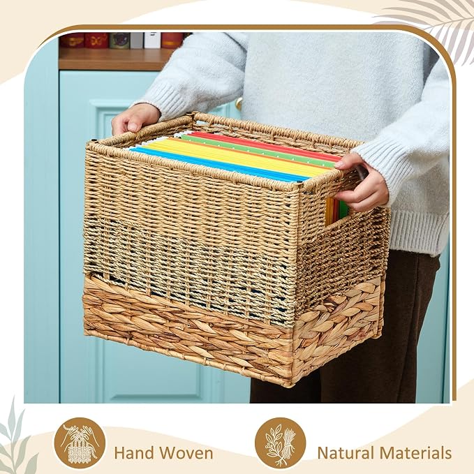 Jingmore Hanging File Box, Various Materials Collapsible Woven File Organizer for Letter Size Files, Portable Decorative Storage Basket with Handles for Home Office Decor
