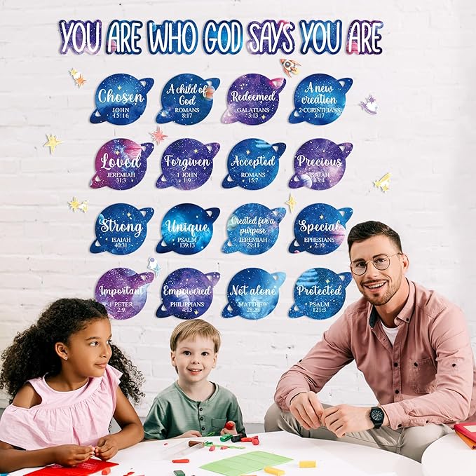 Christian Bulletin Board Decorations Inspirational Jesus Bulletin Board Sets Outer Space God Says You Are Religious Classroom Wall Decor VBS Motivational Cutouts for Sunday School Home Church Supplies