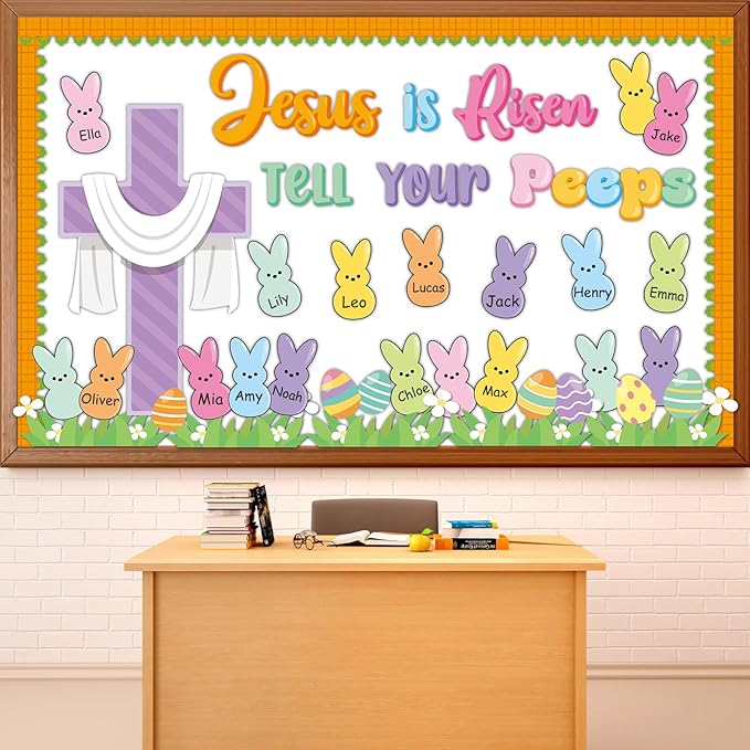 Easter Peeps Bulletin Board Decorations Easter Egg Bunny Spring Paper Cutouts Jesus is Risen Religious Bulletin Board for Church Sunday School Office Chalkboard Wall Door Decor Supplies