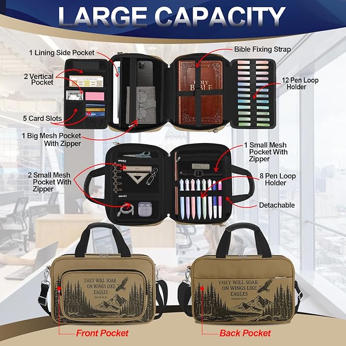 Eagle Bible Cover Case for Men Boys,Large Bible Bag Carrying Case with Strap & Handle Zipper Pocket, Bible Study Supplies Journaling Kit, Pens Highlighters Cross Clips Tabs Christian Gift
