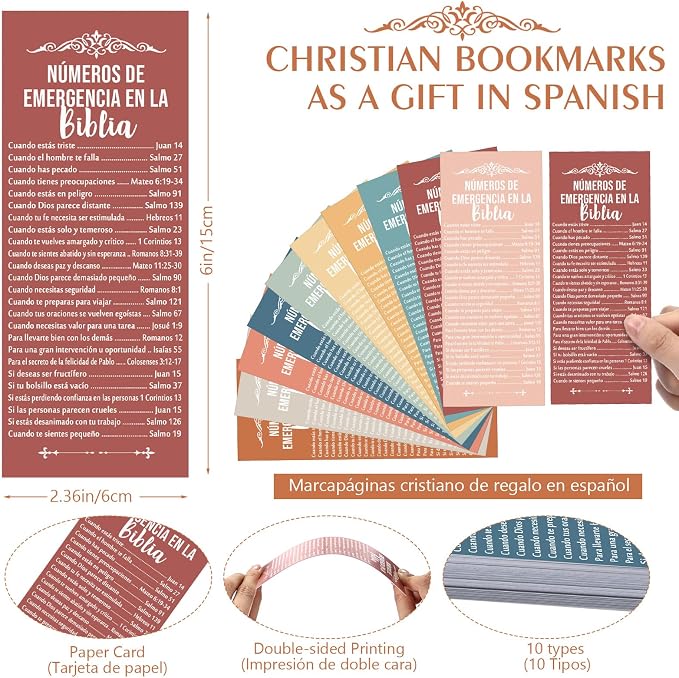 Motiskyy 100 Pcs Spanish Bible Emergency Numbers Bookmark Christian Church Gift 6 x 2.36 Inches Religious Fathers' Day Gift for Church Favor Welcome Sunday School Teacher(Boho Color)