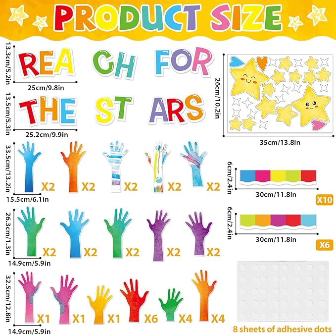 Reach for The Stars Bulletin Board Decorations Set Welcome Back to School Colorful Handprint Paper Cutouts Motivational Classroom Bulletin Board Decor for Preschool Supplies Door Chalkboard Wall