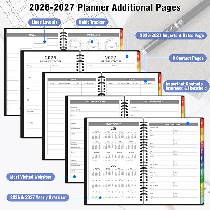 Monthly Planner 2026-2027(7.6'' x 10''), 18 Months Agenda Calendar Planner with Tabs & Pocket, Holidays, Note Pages, Time Management and Hit Your Goals, January 2026 - June 2027, 120GSM Thick Paper