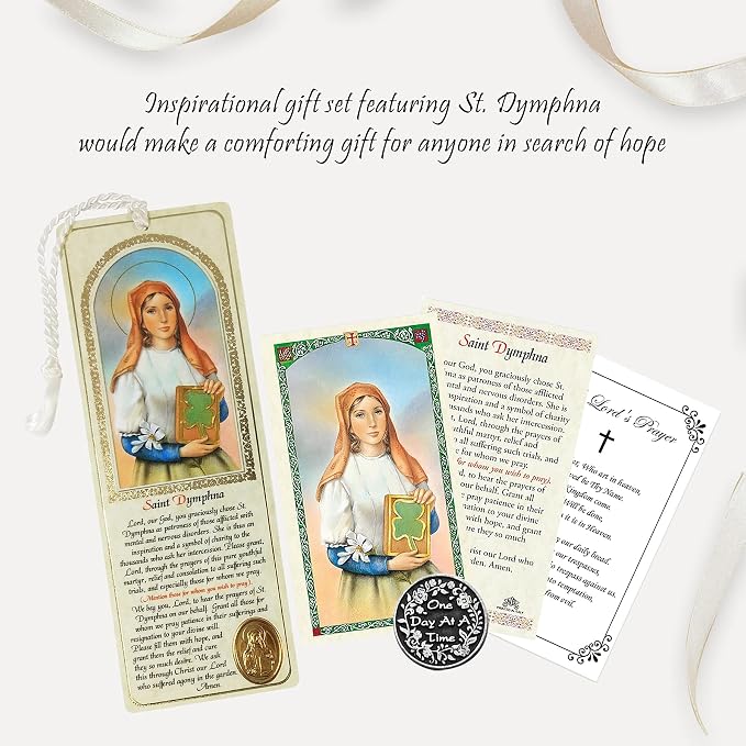 Trendzeen St Dymphna Prayer Card - with Book Mark, One Day At A Time Pocket Token, The Lord's Prayer - Catholic Patron Saint - 4 Items in Set