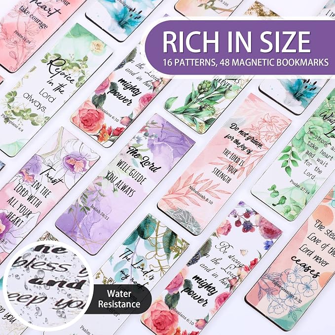 Zonon 48 Pcs Bible Verse Magnetic Christian Bookmarks 0.8x4.7in Inspirational Scripture Book Marker for Mother Women Men Religious Motivational Flower Page Clips Book Lover Reading Gift(Stylish Style)