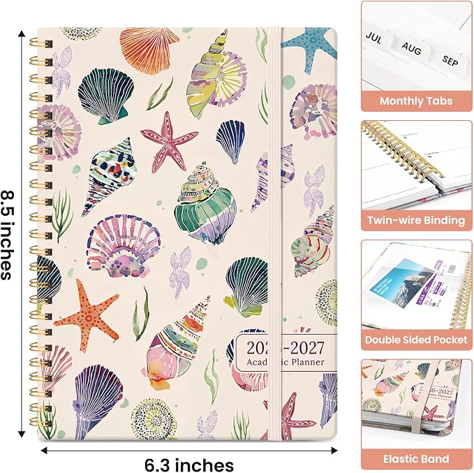 Planner 2026–2027, Academic Year Monthly & Weekly Calendar Book, Jul 2026–Jun 2027, Hardcover Organizer with Tabs, Student & Teacher Planner, 6.3" x 8.5", Sea Shell